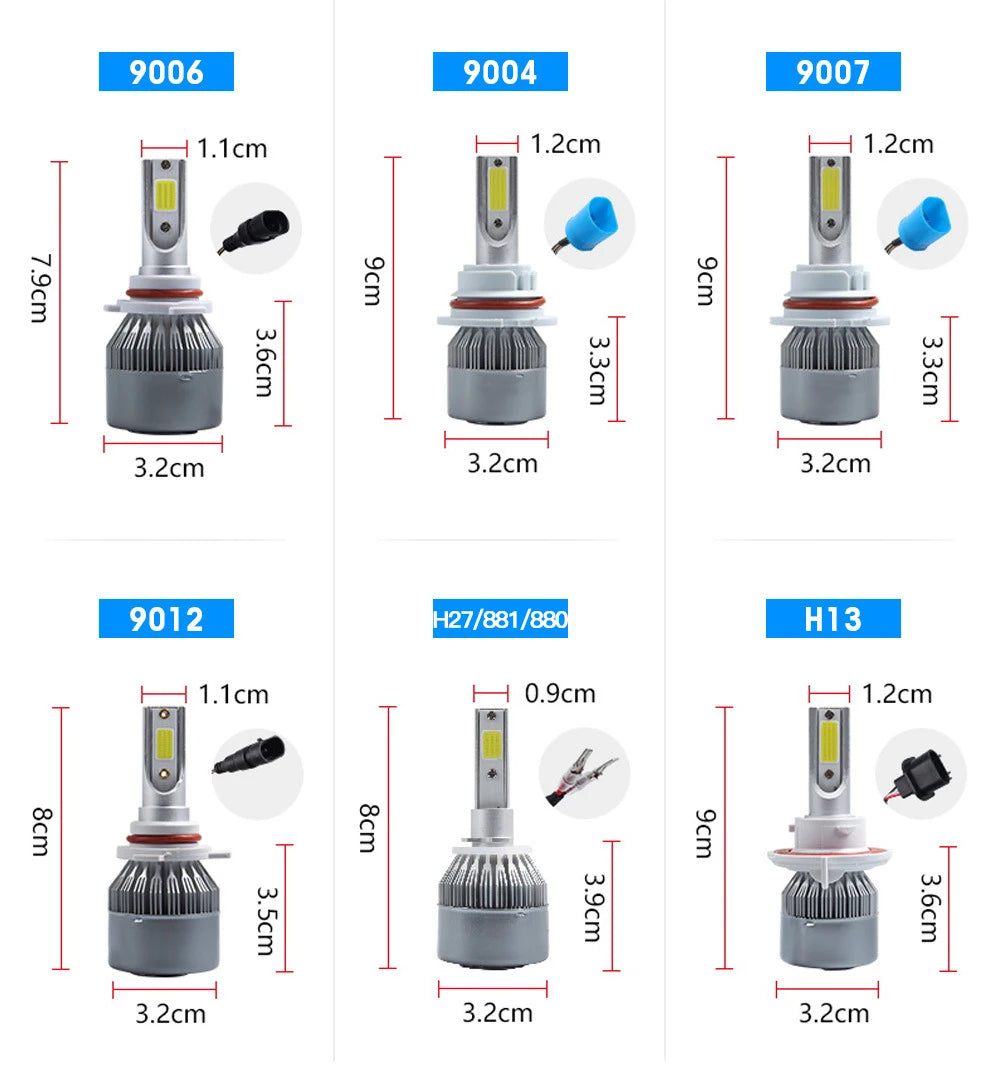 2x H7 LED H11 H4 Hi/Lo H1 H3 H8 HB1 HB3 HB4 HB5 HIR2 H13 H27 9005 9006 Car Headlight Bulbs 3000K 6000K 8000K COB C6 car lights
