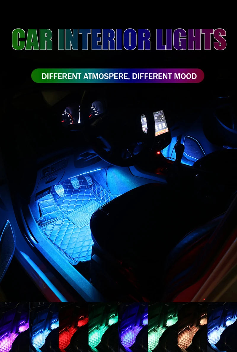 LED Car Foot Light Ambient Lamp With USB Wireless Remote Music Control Multiple Modes Automotive Interior Decorative Lights