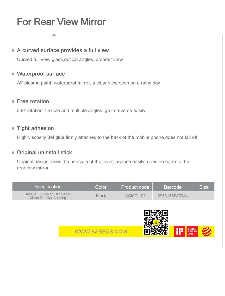 Baseus 360 Degree Universal Blind Spot Mirror For Car HOT Sale Frameless Wide Angle Telescopic Inspection Parking Mirror
