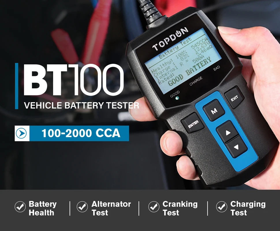 TOPDON BT100 12V Car Battery Tester Digital Automotive Diagnostic Battery Tester Analyzer Vehicle Cranking Charging Scanner Tool