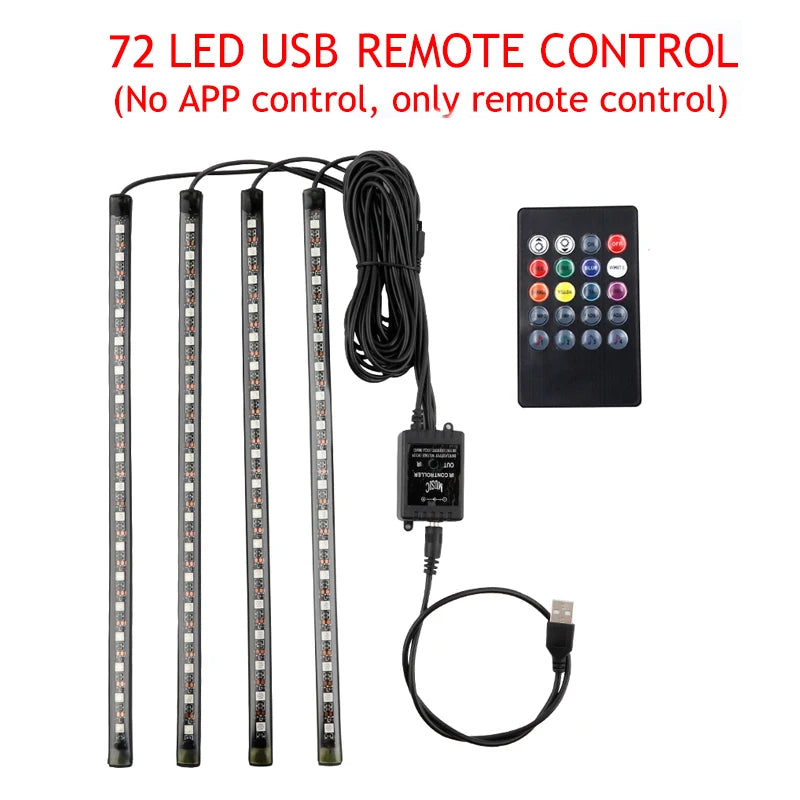LED Car Foot Light Ambient Lamp With USB Wireless Remote Music Control Multiple Modes Automotive Interior Decorative Lights