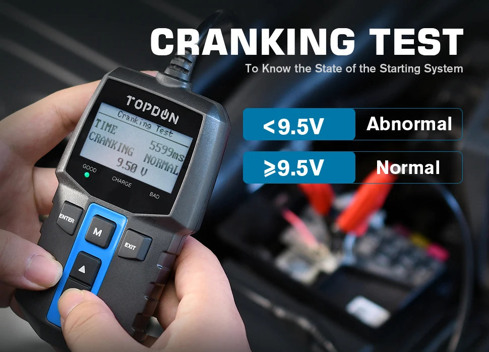 TOPDON BT100 12V Car Battery Tester Digital Automotive Diagnostic Battery Tester Analyzer Vehicle Cranking Charging Scanner Tool