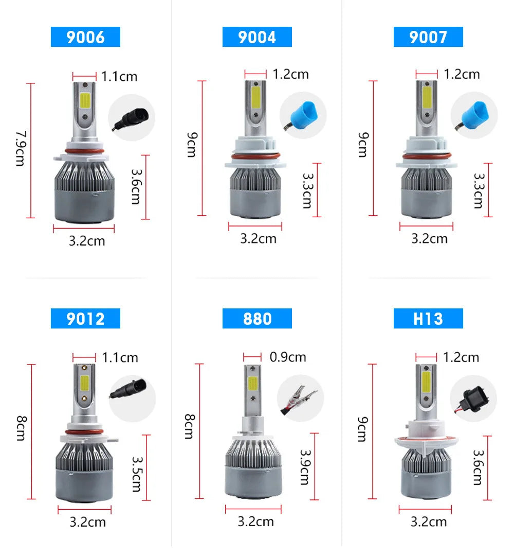 2x H7 LED H11 H4 Hi/Lo H1 H3 H8 HB1 HB3 HB4 HB5 HIR2 H13 H27 9005 9006 Car Headlight Bulbs 3000K 6000K 8000K COB C6 car lights