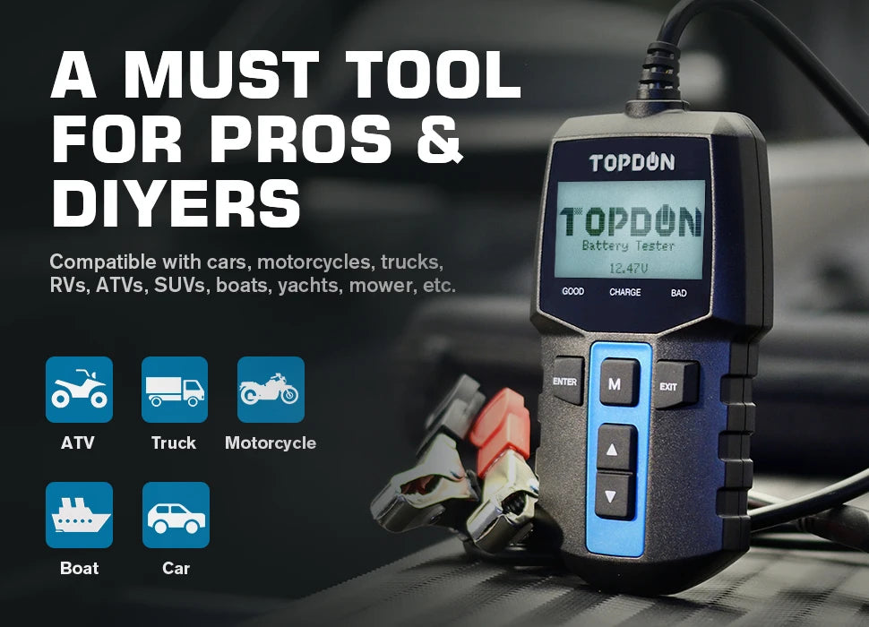 TOPDON BT100 12V Car Battery Tester Digital Automotive Diagnostic Battery Tester Analyzer Vehicle Cranking Charging Scanner Tool
