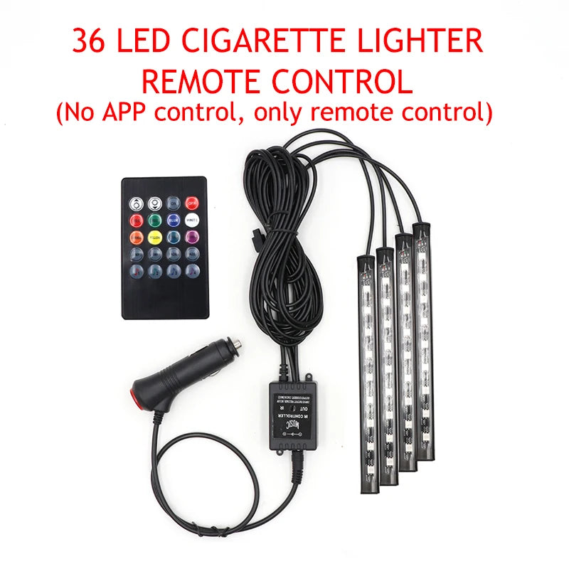 LED Car Foot Light Ambient Lamp With USB Wireless Remote Music Control Multiple Modes Automotive Interior Decorative Lights