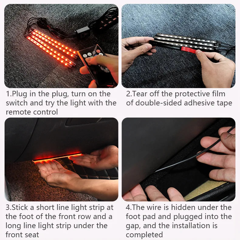 LED Car Foot Light Ambient Lamp With USB Wireless Remote Music Control Multiple Modes Automotive Interior Decorative Lights