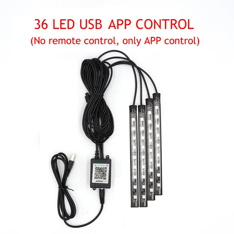 LED Car Foot Light Ambient Lamp With USB Wireless Remote Music Control Multiple Modes Automotive Interior Decorative Lights