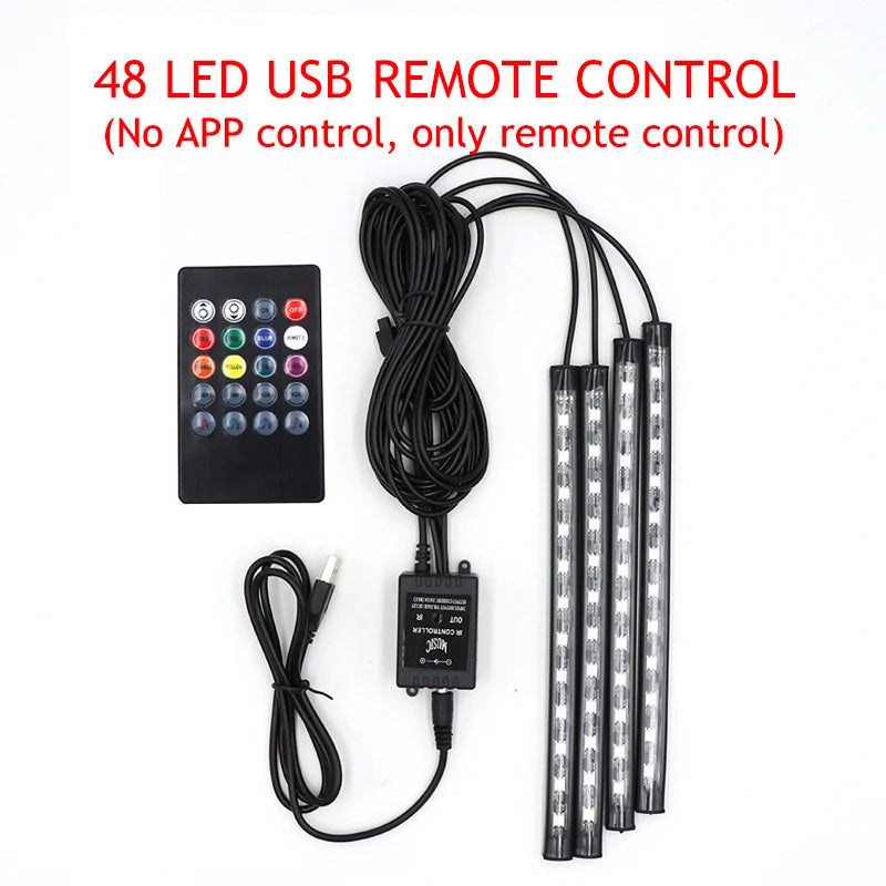 LED Car Foot Light Ambient Lamp With USB Wireless Remote Music Control Multiple Modes Automotive Interior Decorative Lights