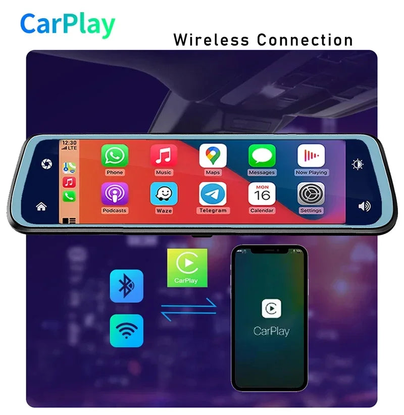 4K Car Rearview Mirror Dash Cam Wireless CarPlay Android Auto GPS Night Vision Video Camera Loop Recording 5G WiFi Parking Mode