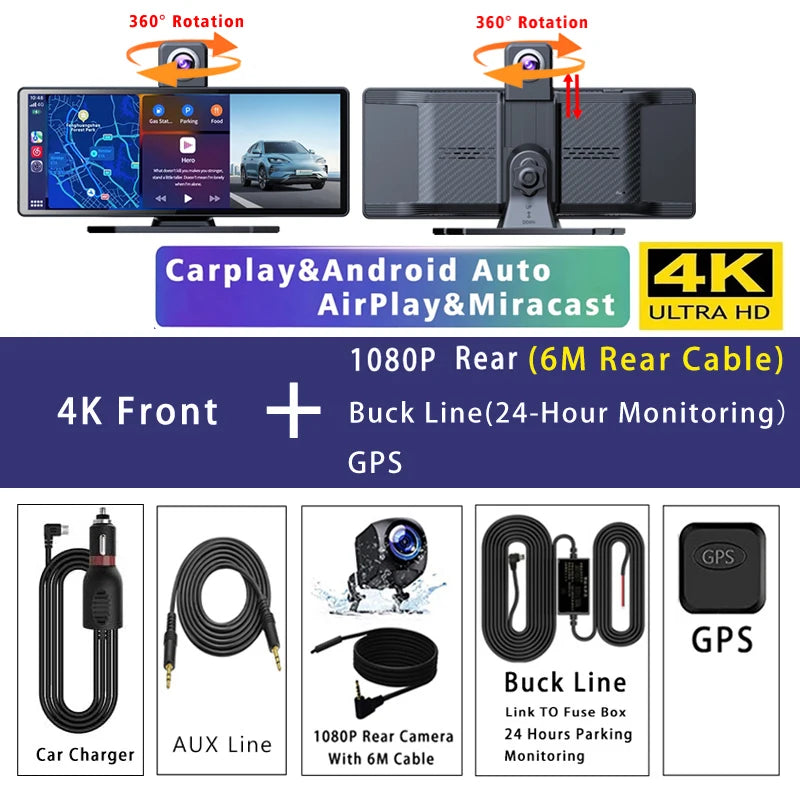 10.26" 4K Dash Cam Carplay Android Auto GPS 5G WIFI FM BT Car Dvr 360 ° Rotation Dual Lens Dashcam Truck Camera Drive Recorder