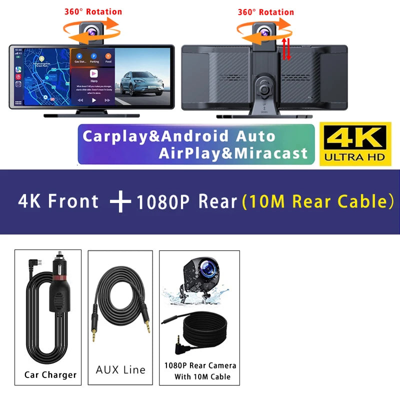 10.26" 4K Dash Cam Carplay Android Auto GPS 5G WIFI FM BT Car Dvr 360 ° Rotation Dual Lens Dashcam Truck Camera Drive Recorder