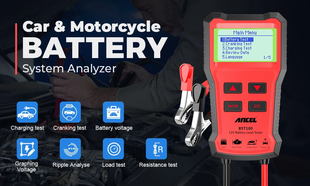 ANCEL BST100 Car Battery Tester 12V Battery Analyzer Multilingual Cranking Charging Circut Test Auto Diagnostic Tools PK BM550