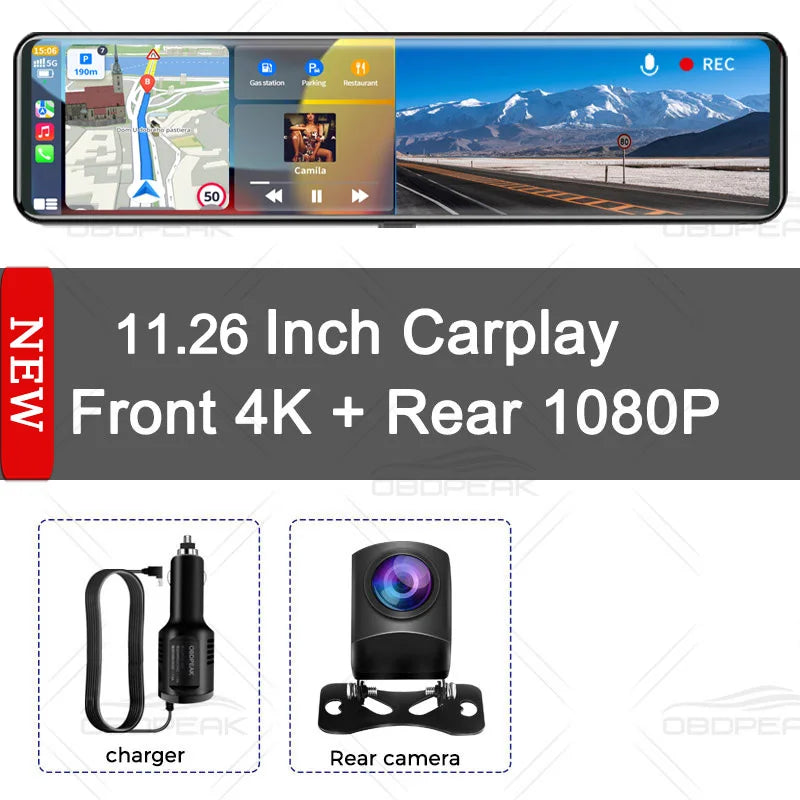 K4 11.26 Inch Carplay & Android Auto 4K 2160P Wifi Dash Cam Rearview Mirror Car DVR GPS Navigation Video Recorder Dual Lens