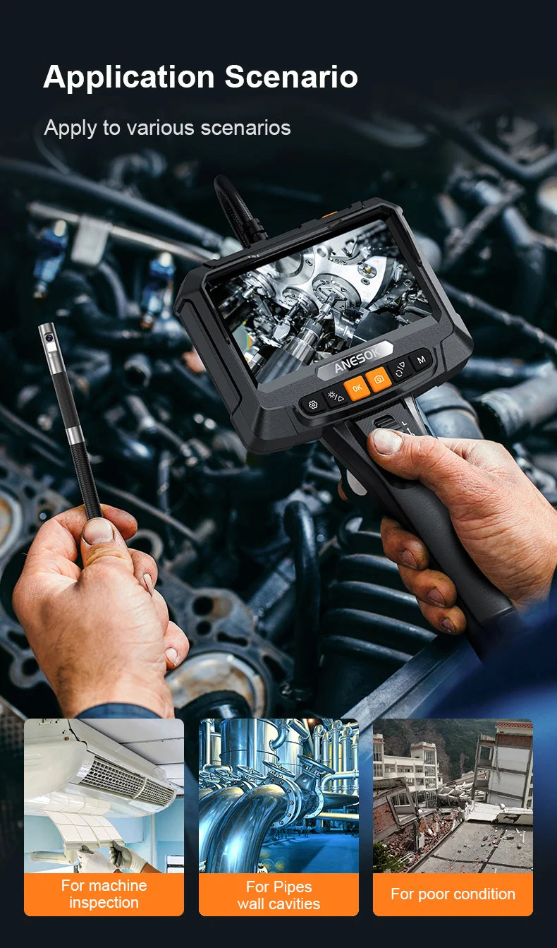 360° Steering Industrial Endoscope Camera 8mm 5"IPS Screen Single&Dual Lens Inspection Borescope 1080P For Car Engine Pip