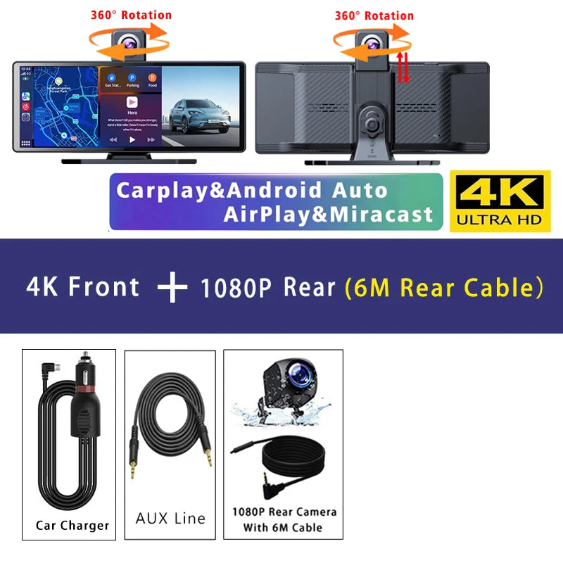10.26" 4K Dash Cam Carplay Android Auto GPS 5G WIFI FM BT Car Dvr 360 ° Rotation Dual Lens Dashcam Truck Camera Drive Recorder