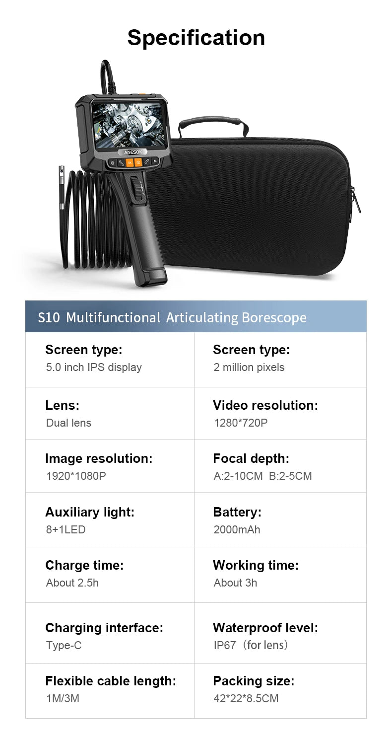 360° Steering Industrial Endoscope Camera 8mm 5"IPS Screen Single&Dual Lens Inspection Borescope 1080P For Car Engine Pip