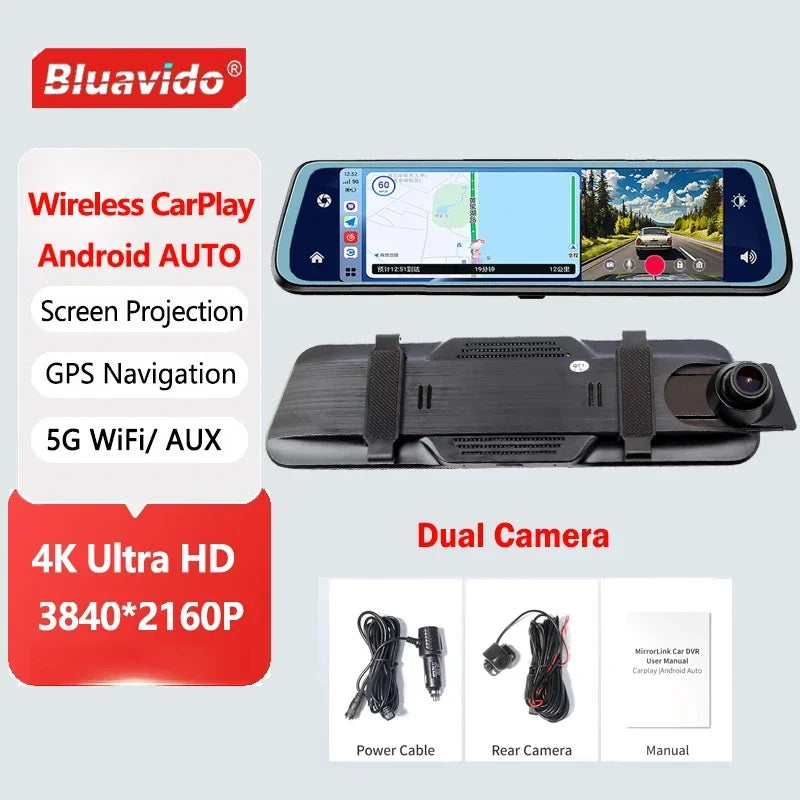 4K Car Rearview Mirror Dash Cam Wireless CarPlay Android Auto GPS Night Vision Video Camera Loop Recording 5G WiFi Parking Mode