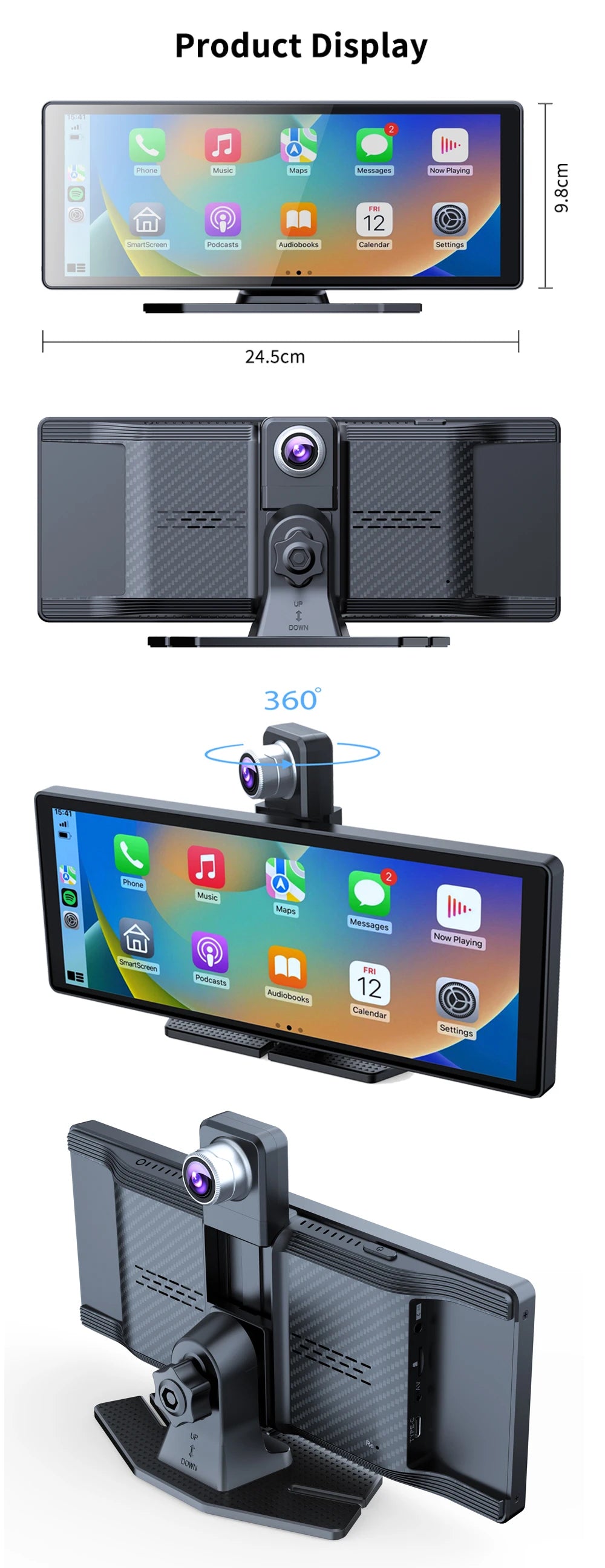 10.26" 4K Dash Cam Carplay Android Auto GPS 5G WIFI FM BT Car Dvr 360 ° Rotation Dual Lens Dashcam Truck Camera Drive Recorder