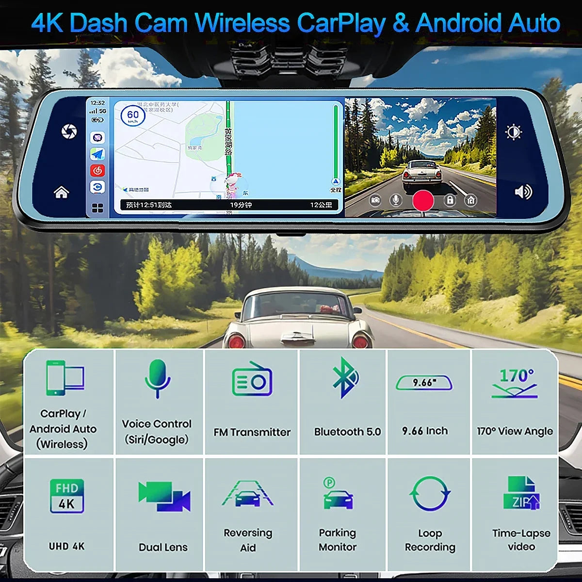 4K Car Rearview Mirror Dash Cam Wireless CarPlay Android Auto GPS Night Vision Video Camera Loop Recording 5G WiFi Parking Mode