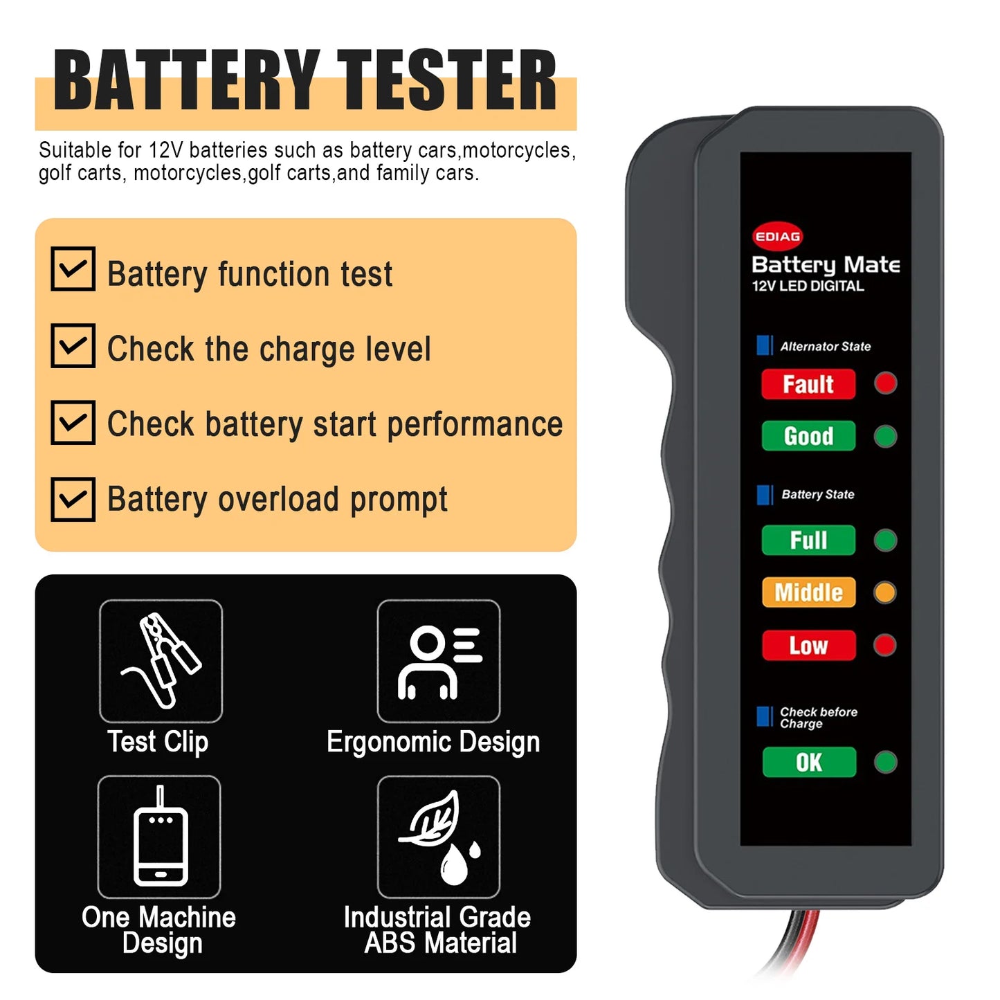 Mini 12V Car Battery Tester Digital Alternator Tester 6 LED Lights Display Car Diagnostic Tool Auto Battery Tester Analyzer