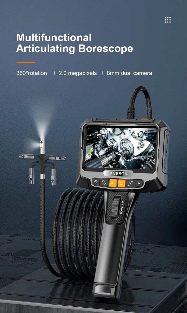360° Steering Industrial Endoscope Camera 8mm 5"IPS Screen Single&Dual Lens Inspection Borescope 1080P For Car Engine Pip