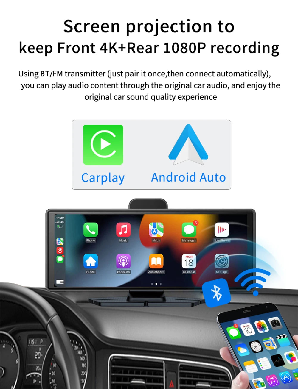 10.26" 4K Dash Cam Carplay Android Auto GPS 5G WIFI FM BT Car Dvr 360 ° Rotation Dual Lens Dashcam Truck Camera Drive Recorder
