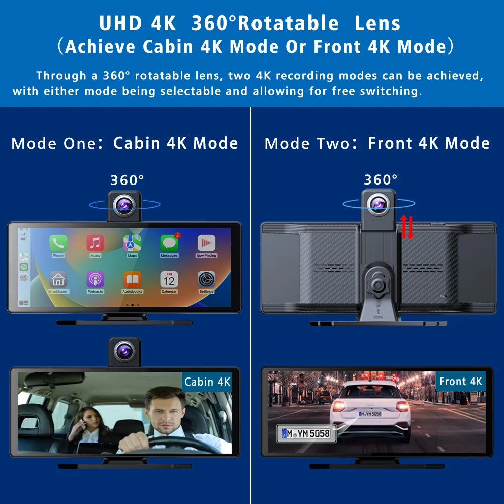 10.26" 4K Dash Cam Carplay Android Auto GPS 5G WIFI FM BT Car Dvr 360 ° Rotation Dual Lens Dashcam Truck Camera Drive Recorder