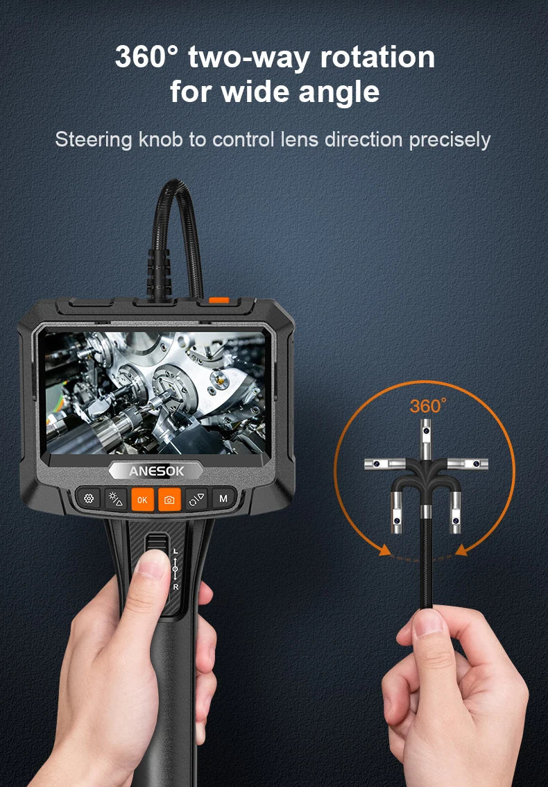 360° Steering Industrial Endoscope Camera 8mm 5"IPS Screen Single&Dual Lens Inspection Borescope 1080P For Car Engine Pip