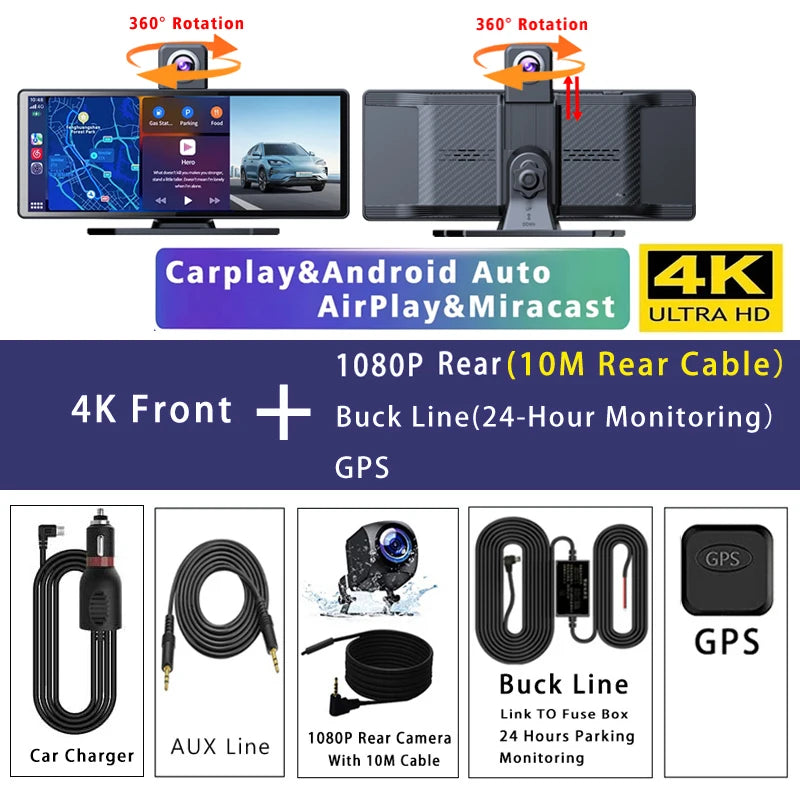 10.26" 4K Dash Cam Carplay Android Auto GPS 5G WIFI FM BT Car Dvr 360 ° Rotation Dual Lens Dashcam Truck Camera Drive Recorder