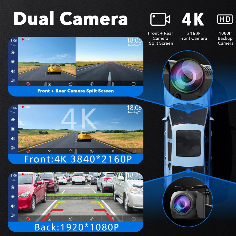 10.26" 4K Dash Cam Carplay Android Auto GPS 5G WIFI FM BT Car Dvr 360 ° Rotation Dual Lens Dashcam Truck Camera Drive Recorder