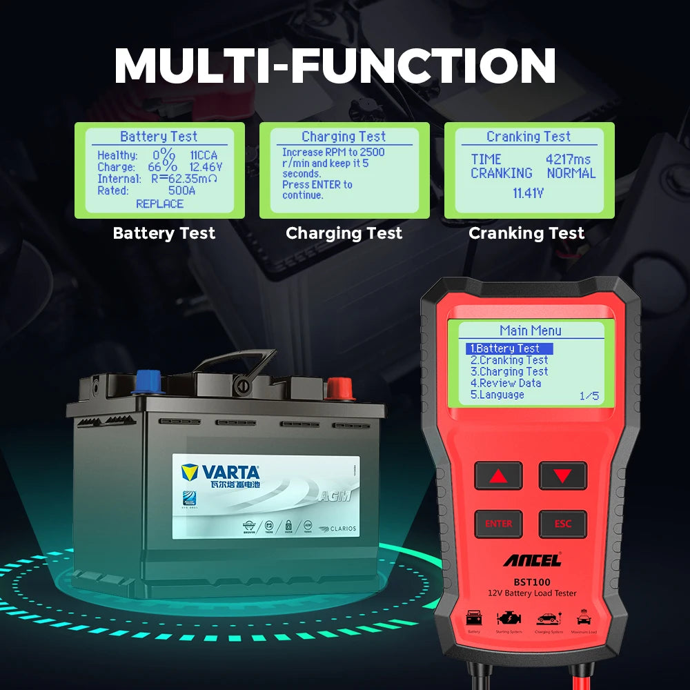 ANCEL BST100 Car Battery Tester 12V Battery Analyzer Multilingual Cranking Charging Circut Test Auto Diagnostic Tools PK BM550