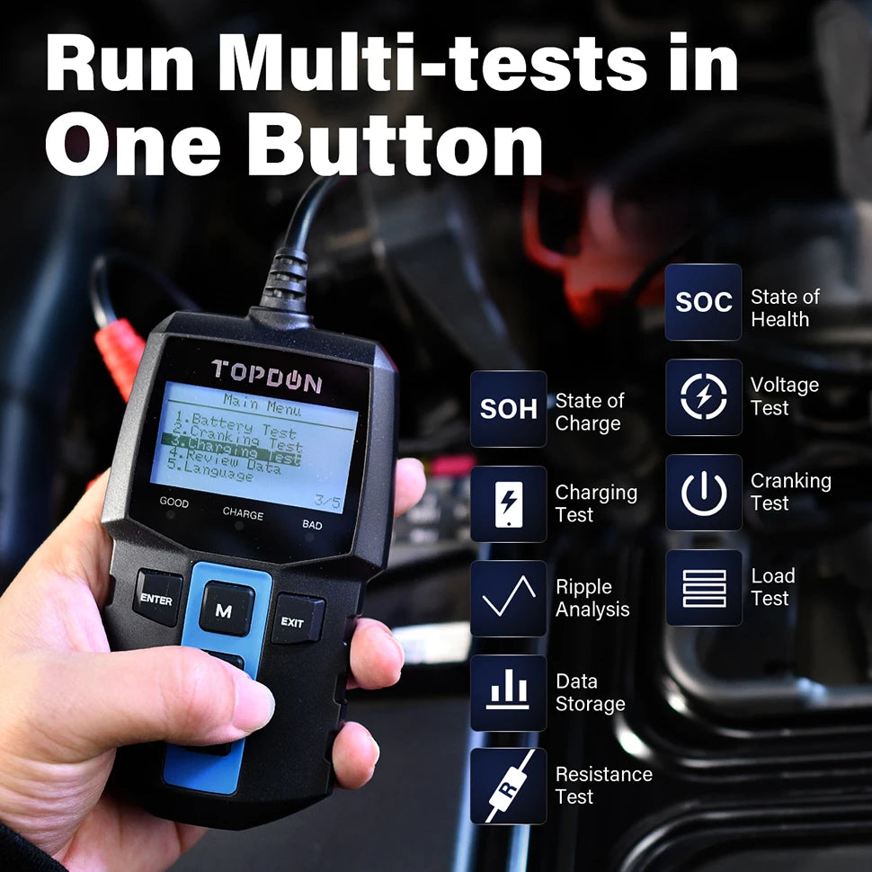 TOPDON BT100 12V Car Battery Tester Digital Automotive Diagnostic Battery Tester Analyzer Vehicle Cranking Charging Scanner Tool