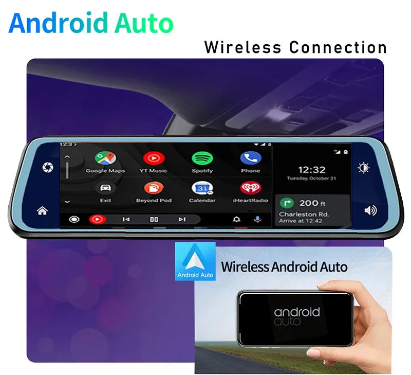 4K Car Rearview Mirror Dash Cam Wireless CarPlay Android Auto GPS Night Vision Video Camera Loop Recording 5G WiFi Parking Mode