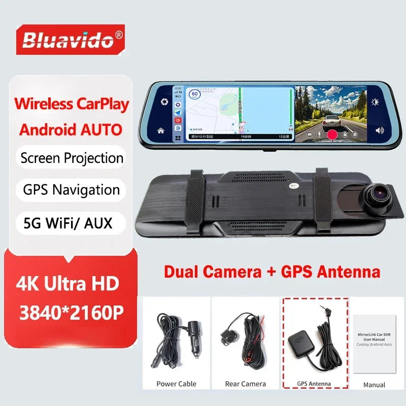 4K Car Rearview Mirror Dash Cam Wireless CarPlay Android Auto GPS Night Vision Video Camera Loop Recording 5G WiFi Parking Mode