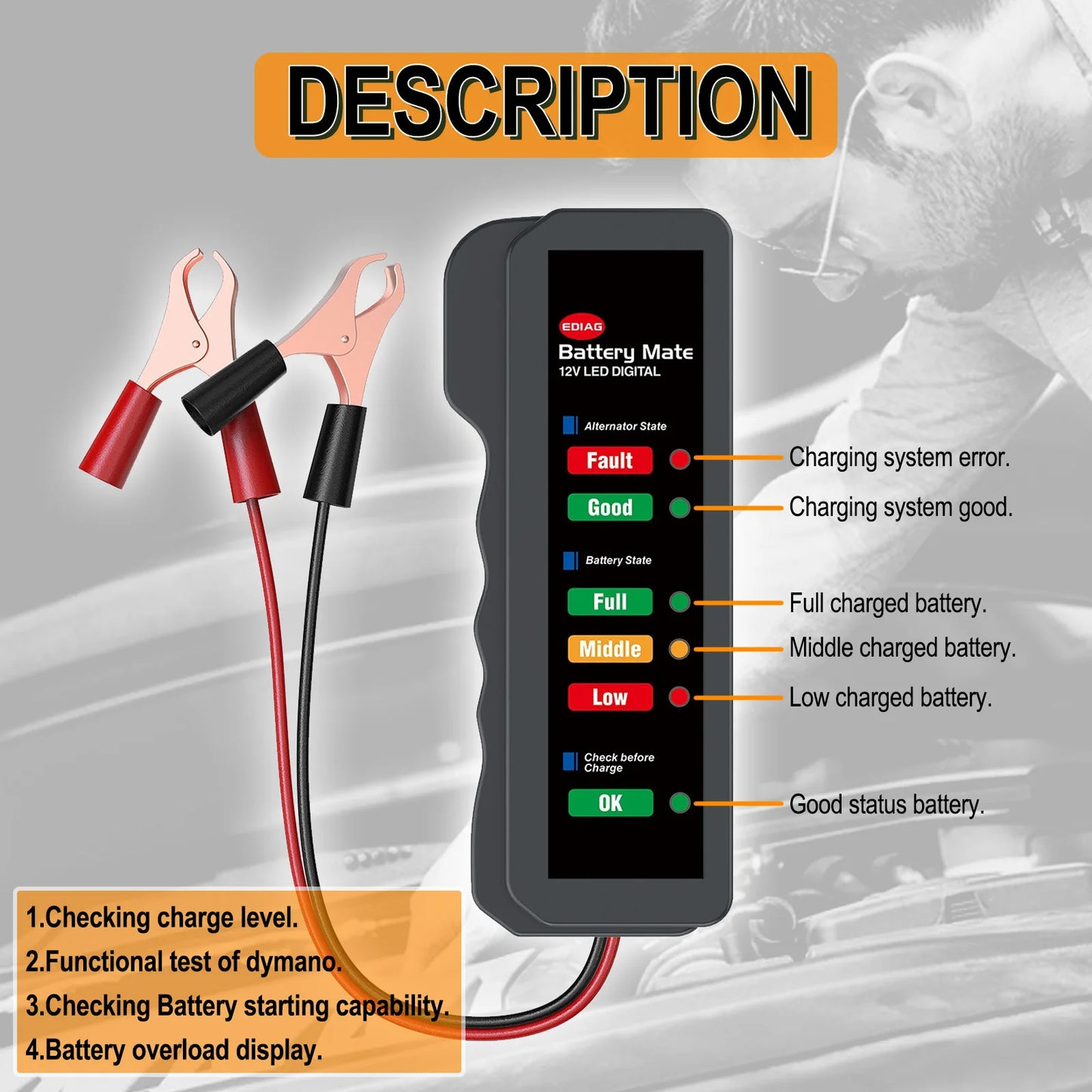 Mini 12V Car Battery Tester Digital Alternator Tester 6 LED Lights Display Car Diagnostic Tool Auto Battery Tester Analyzer