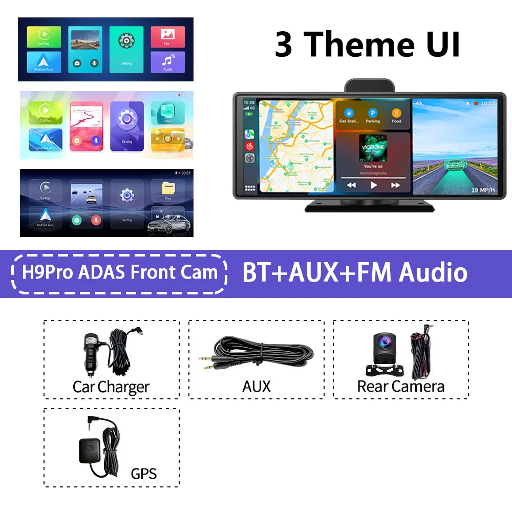 10.26" 4K Dash Cam ADAS Wireless Carplay & Android Auto Car DVR 5G WiFi GPS Navigation Rearview Camera Dashboard Video Recorder