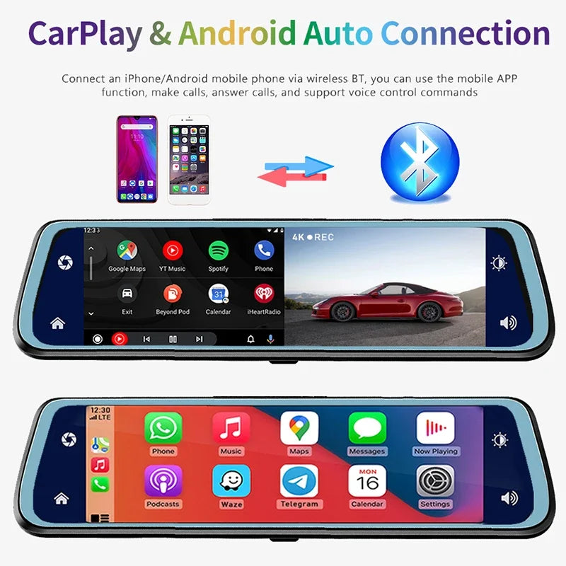 4K Car Rearview Mirror Dash Cam Wireless CarPlay Android Auto GPS Night Vision Video Camera Loop Recording 5G WiFi Parking Mode