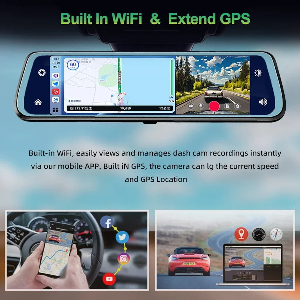 4K Car Rearview Mirror Dash Cam Wireless CarPlay Android Auto GPS Night Vision Video Camera Loop Recording 5G WiFi Parking Mode