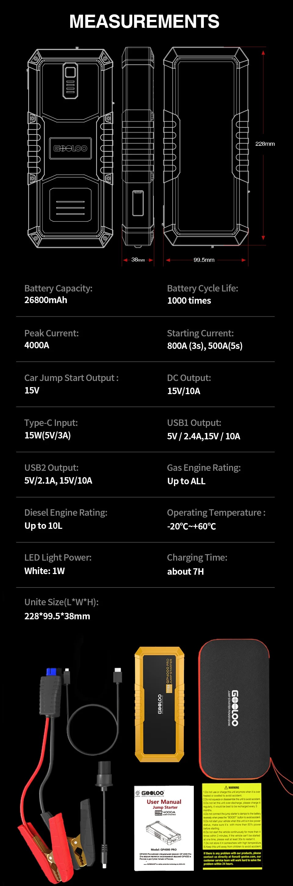 GOOLOO 4000A Start Power Bank 26800mAh Jump Starter Car Booster External Battery 12V Starting Device for Petrol Diesel Powerbank