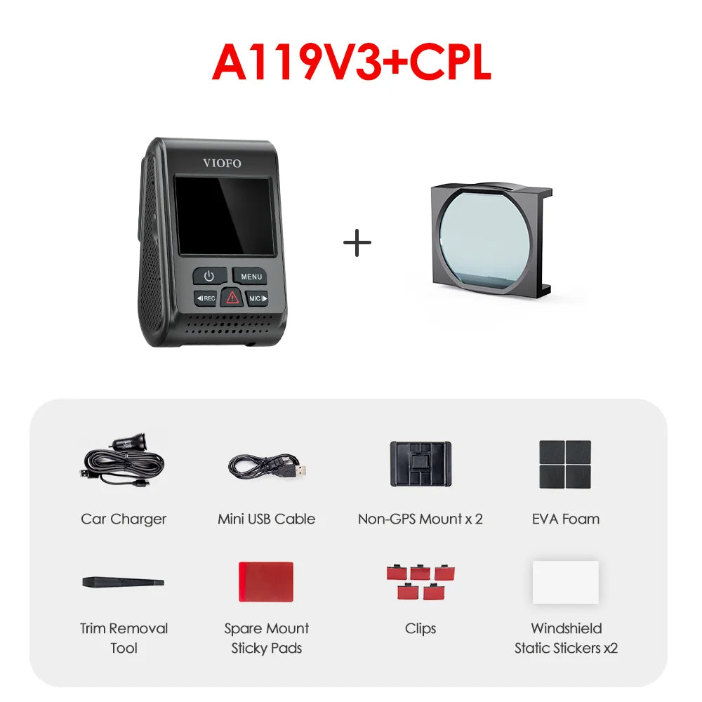 VIOFO A119 V3 2K 60fps Car Dash Cam Super Night Vision Quad HD 2560 * 1600P Car DVR with Parking Mode G-sensor optional GPS