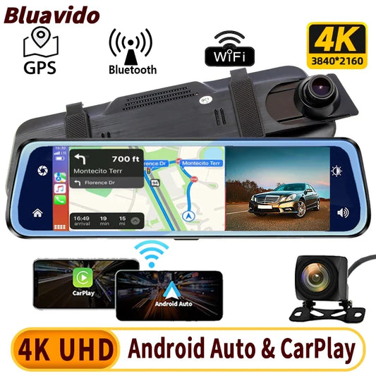 4K Car Rearview Mirror Dash Cam Wireless CarPlay Android Auto GPS Night Vision Video Camera Loop Recording 5G WiFi Parking Mode