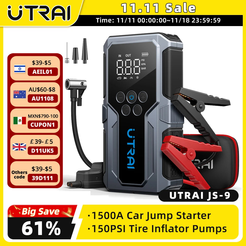 UTRAI 1500A Car Jump Starter Power Bank Portable 150PSI Air Pump Car Battery Emergency Boosters Starting Device Car Starter 2024
