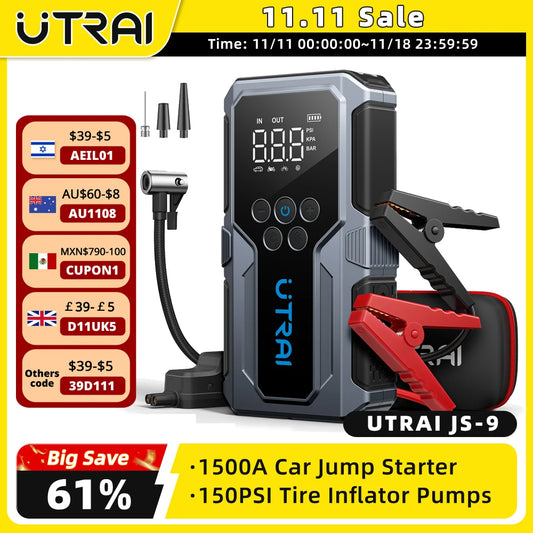 UTRAI 1500A Car Jump Starter Power Bank Portable 150PSI Air Pump Car Battery Emergency Boosters Starting Device Car Starter 2024