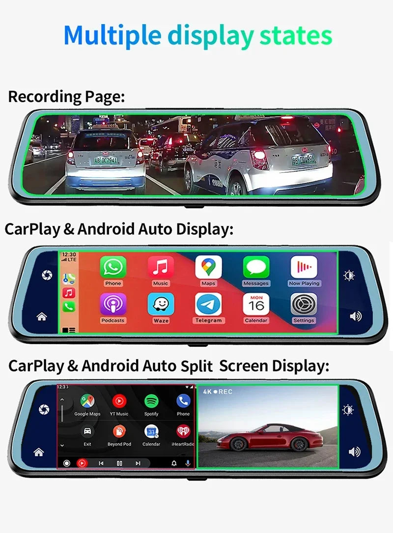4K Car Rearview Mirror Dash Cam Wireless CarPlay Android Auto GPS Night Vision Video Camera Loop Recording 5G WiFi Parking Mode