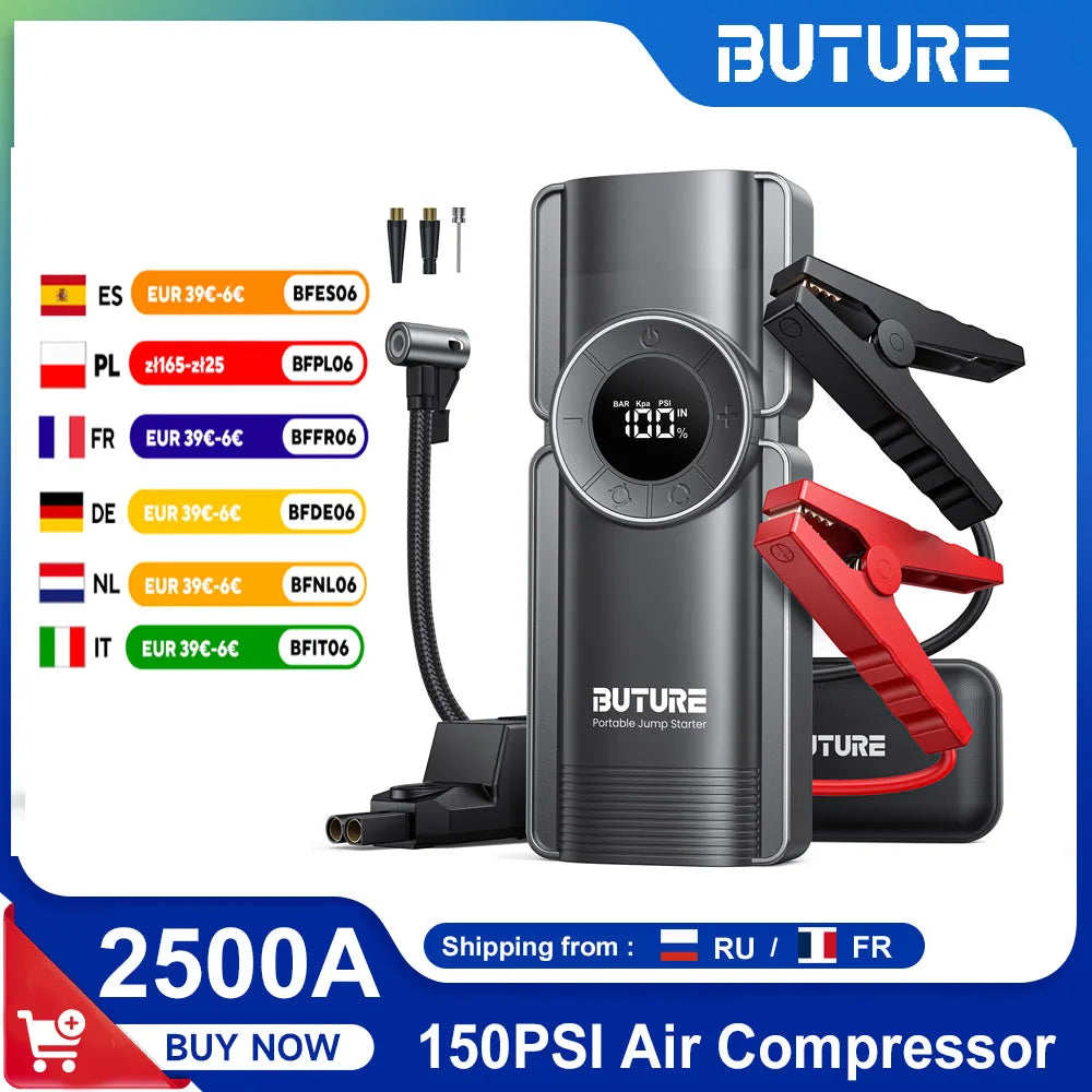 Buture 4 In 1 Jump Starter 150PSI Pump Air Compressor 20000mAh Power Bank 2500A Starting Device 15V Digital Tire Inflator