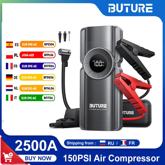 Buture 4 In 1 Jump Starter 150PSI Pump Air Compressor 20000mAh Power Bank 2500A Starting Device 15V Digital Tire Inflator