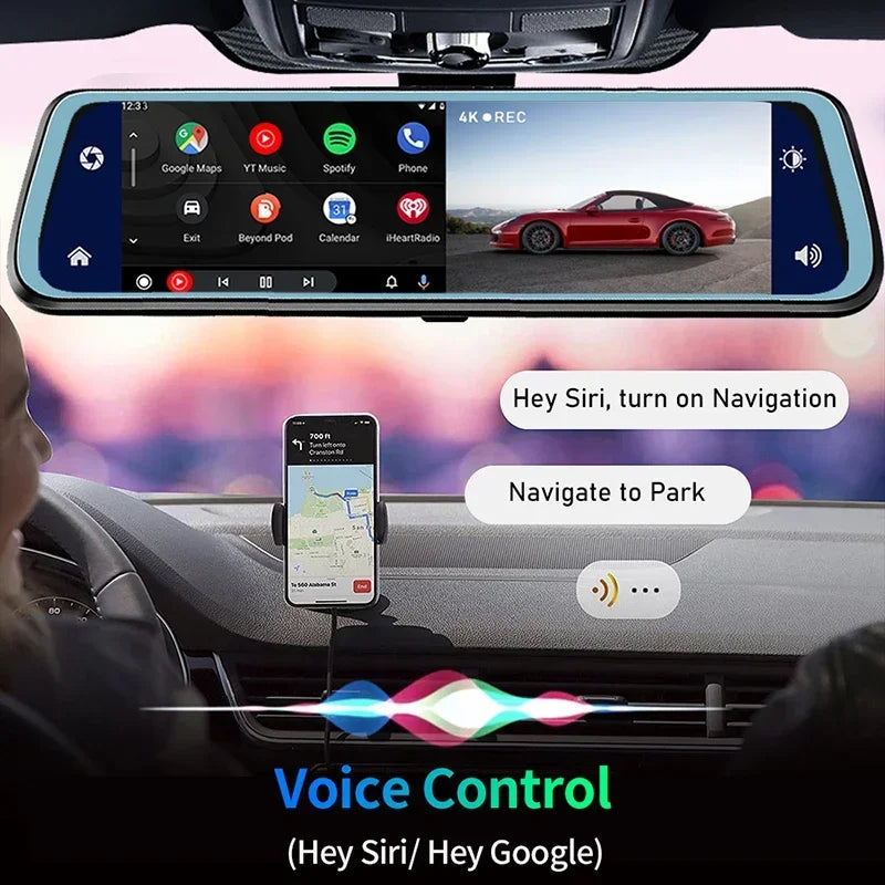 4K Car Rearview Mirror Dash Cam Wireless CarPlay Android Auto GPS Night Vision Video Camera Loop Recording 5G WiFi Parking Mode